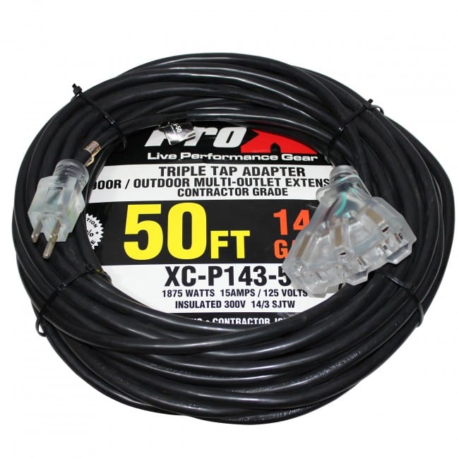 Pro X 50 Ft. 120 VAC NEMA 15 Extension Power Cord 14 AWG - 3 Tap Female Outlets