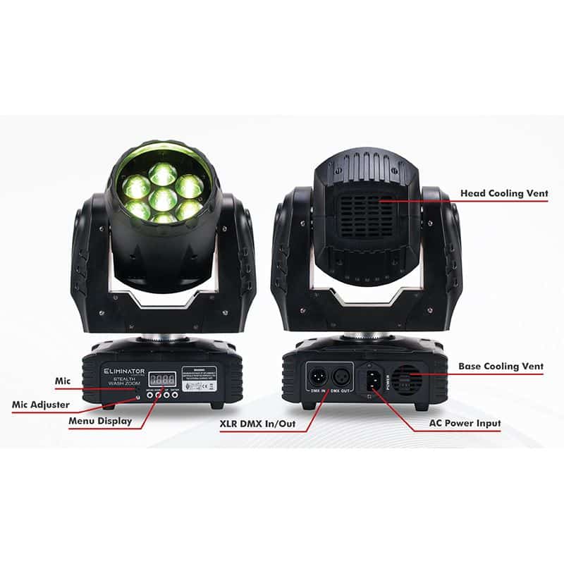 2x Eliminator Stealth Wash Zoom wash moving head with O-Clamps & Safety Cables - Image 3