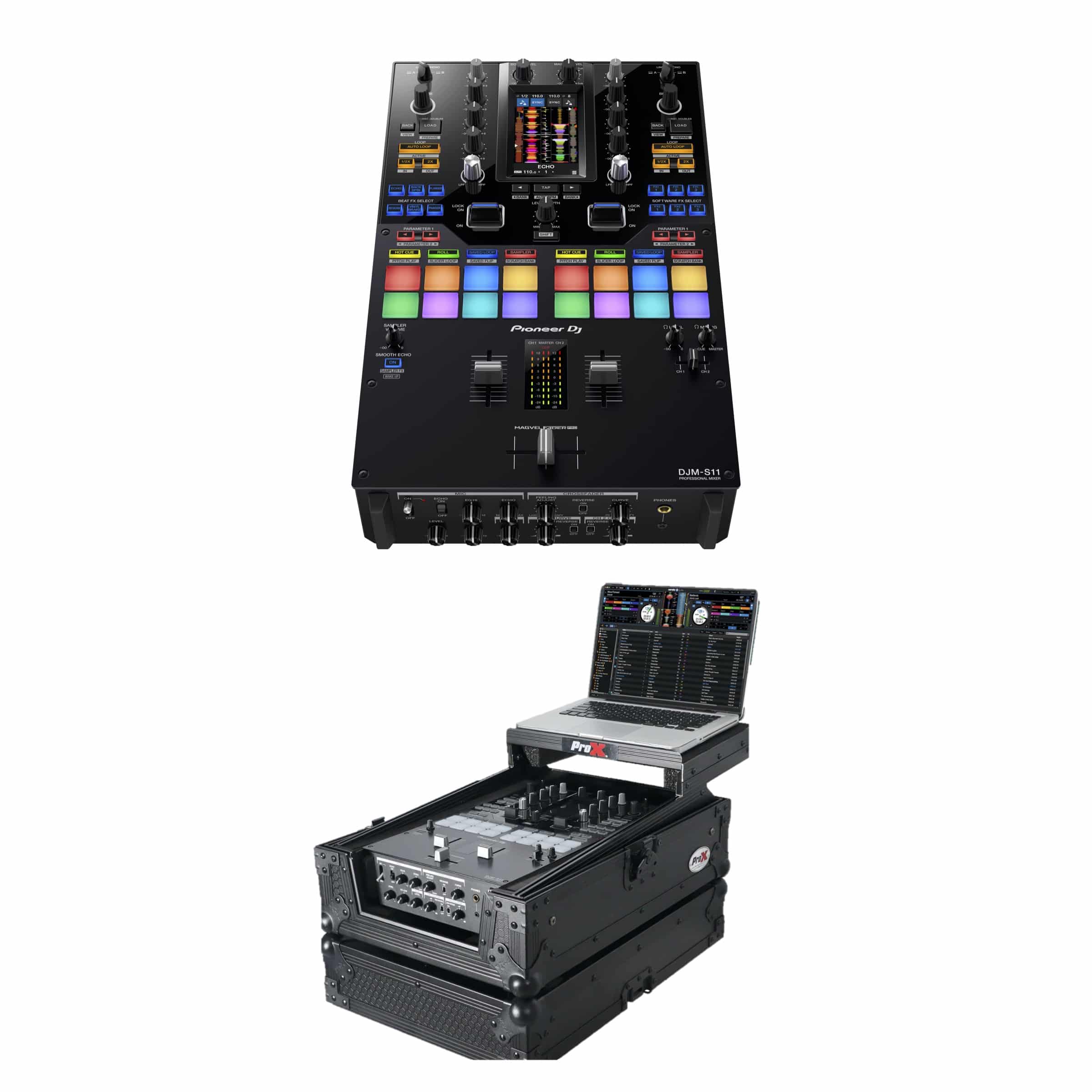 Pack of Pioneer DJ DJM-S11 2-channel Mixer + Flight Case w/ Sliding Shelf
