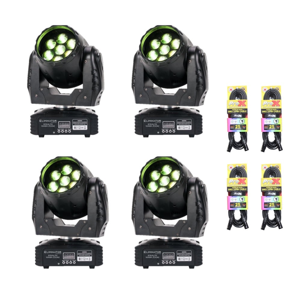 Pack of 4x Eliminator Stealth Wash Zoom Moving Head + 4x DMX Cables