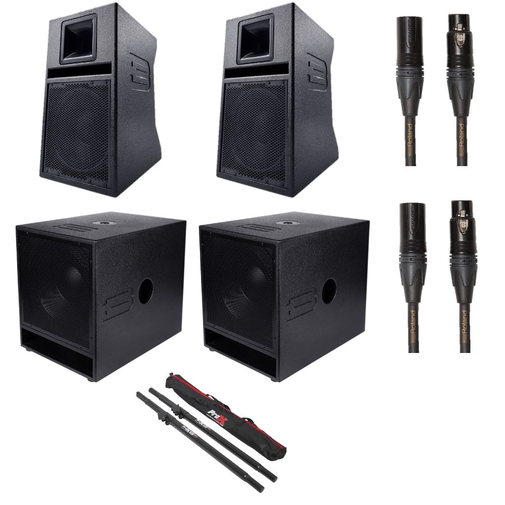 Pair of 2x BASSBOSS SV9-MK3 9ʺ Top + 2x BASSBOSS BB15-MK3 15" Sub + Poles & Gold Cables