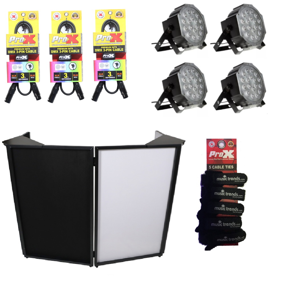 Pro X 4 Panel DJ Facade MK3 Black Frame + 2 Corner Shelves & Carry Bag + Black and White Scrims + 4x Wash Lights + 3x DMX Cables