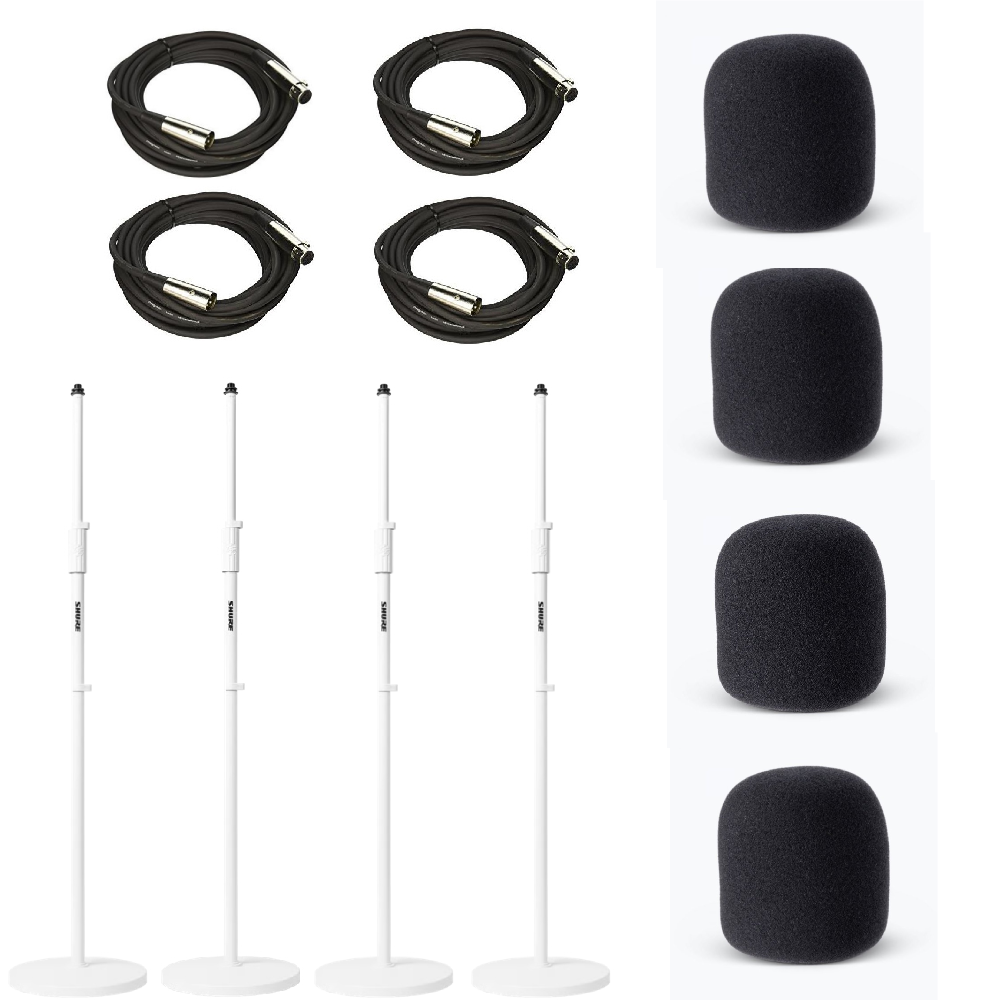 4x SHURE White Mic Stand With 10" Round Base + 4x Mic Foam Black + XLRs