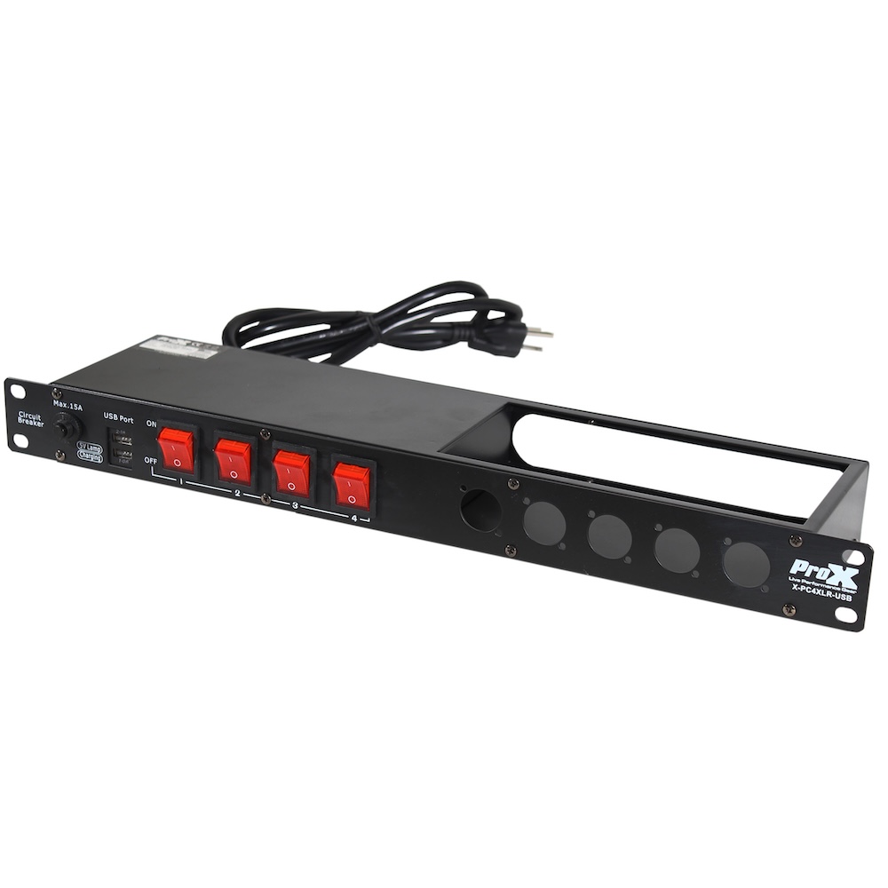 ProX 1U 15Amp 4 Channel Circuit Breaker Switch Panel w 2 USB C & 5 Punched Spaces